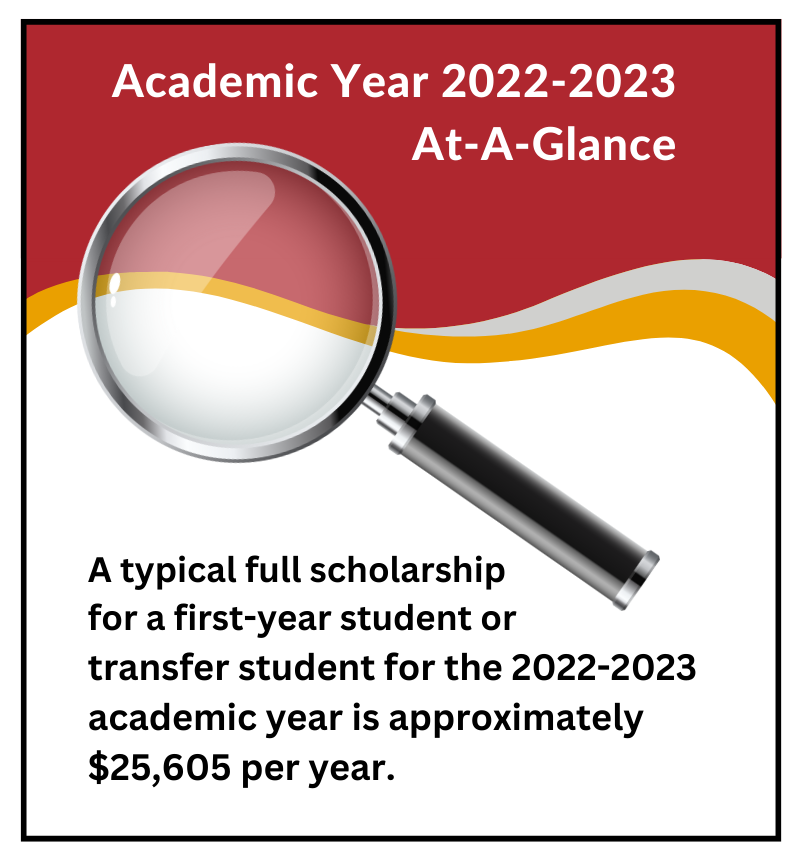 At a Glance AY 2022-2023: A typical full scholarship for first year student or transfer student for AY 2022-2023 is approximately $25,605 (average) per year.